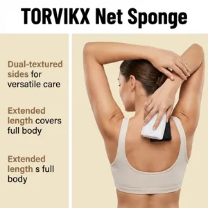 Back view of model using black and white exfoliating net sponge for full body care