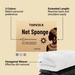 Close-up of TORVIKX exfoliating net sponge detailing hexagonal weave and extended length