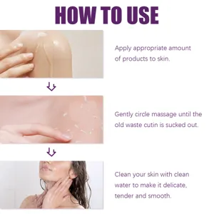 Detail view showing three steps to use exfoliating body gel for smooth and tender skin.
