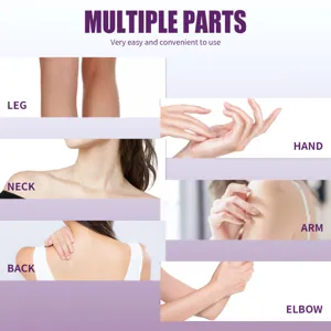 Collage showing body exfoliating gel application on leg, hand, neck, arm, and back areas.