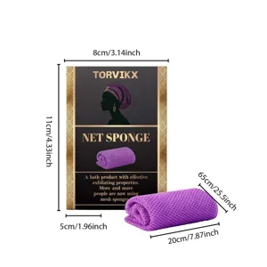 Detailed dimensions of TORVIKX purple African net sponge and its retail packaging box