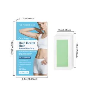 Detail view of OceAura hair removal wax strips with precise package and strip dimensions.