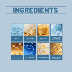 Detail view of OCEAURA hair removal wax strip ingredients including jojoba oil and beeswax