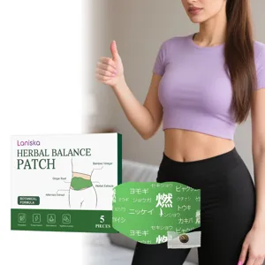 Parche de equilibrio herbal LANISKA con empaque y detalle del modelo de salud