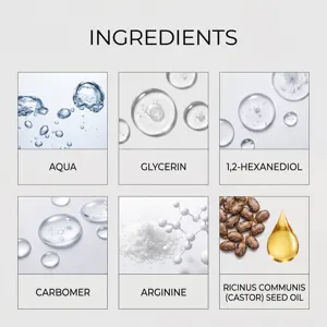 Aperçu détaillé des ingrédients de soin, dont l'eau, la glycérine et l'huile de ricin