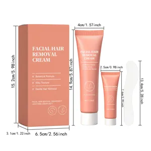 Detailed dimensions of peach facial hair removal cream and soothing cream kit with spatula.