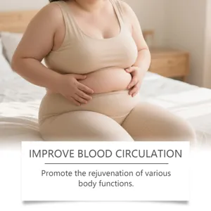 Detalle de parche equilibrante de hierbas para circulación y cuidado abdominal.
