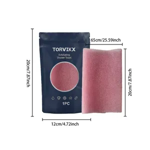 Product dimensions for the Torvikx exfoliating shower towel set with blue packaging