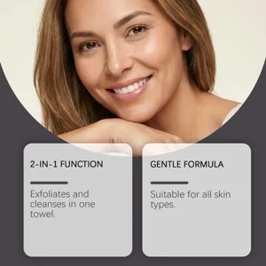 Detail of 2-in-1 exfoliating sponge featuring gentle formula for all skin types