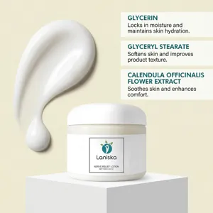 Vue détaillée de la lotion Laniska avec ingrédients clés et texture crémeuse douce