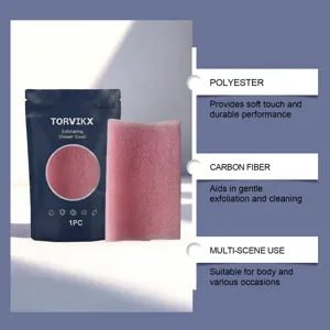 Detailed view of Torvikx exfoliating shower towel highlighting polyester material