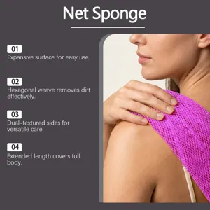 Purple exfoliating net sponge detail showing hexagonal weave texture and length