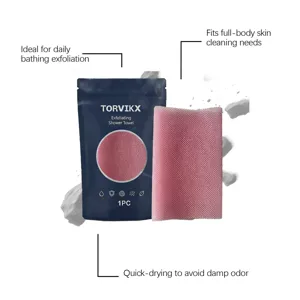 Close-up detail of Torvikx exfoliating shower towel with features and packaging