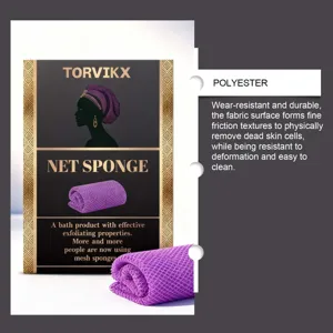 Detailed view of TORVIKX purple exfoliating net sponge showing soft polyester mesh