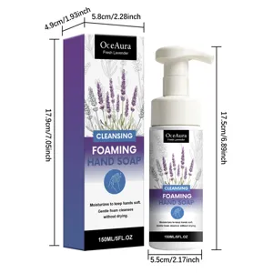 Vista dettagliata del sapone schiumogeno alla lavanda OceAura 150ml con dimensioni