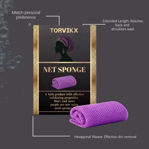 Detail of TORVIKX purple mesh exfoliating sponge with hexagonal weave for body cleaning