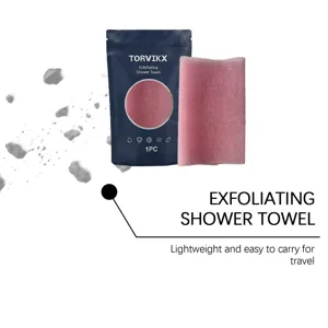 Close-up of pink exfoliating shower towel and Torvikx packaging for skin care