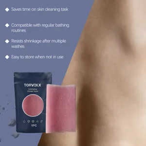 Pink exfoliating shower towel with Torvikx packaging and skin care benefit highlights