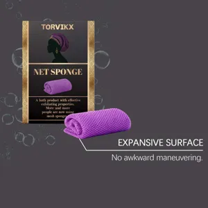 Purple African net sponge for body exfoliation shown with TORVIKX retail packaging