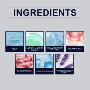 Elenco dettagliato degli ingredienti del sapone alla lavanda con immagini macro