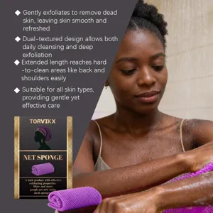 TORVIKX exfoliating net sponge used in shower for gentle skin cleansing and exfoliation