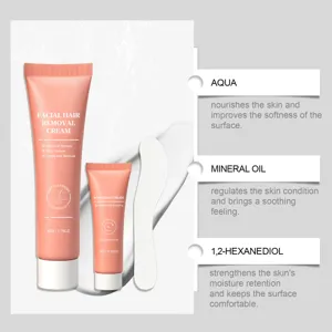 Close-up of facial hair removal cream set with soothing balm and ingredients description