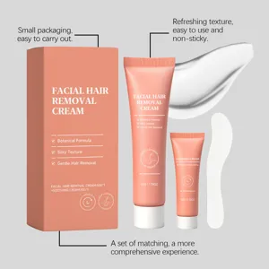 Detail view of facial hair removal cream set including soothing cream and smooth texture.