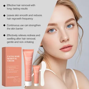 Detail showing facial hair removal cream set with soothing cream and smooth skin model