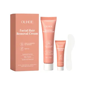 Gentle facial hair removal cream set featuring soothing cream and plastic spatula applicator