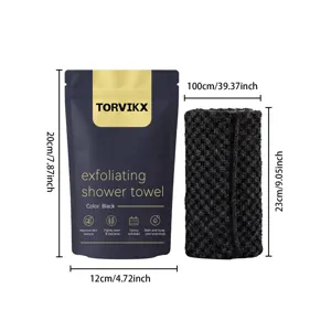 TORVIKX black exfoliating shower towel with size dimensions and packaging details.