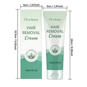 Dimensions détaillées du tube de crème dépilatoire OceAura et de son emballage