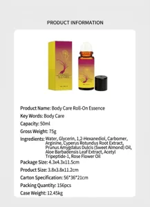 Tabla de especificaciones detalladas para esencia roll-on corporal de 50 ml con aceite de Cyperus