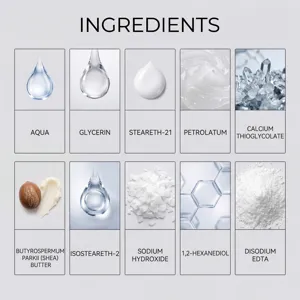 Infographie détaillée des ingrédients de la crème dépilatoire OCEAURA avec beurre de karité