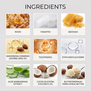 Ingredient list showing rosin, beeswax, jojoba oil and aloe extract for wax paper