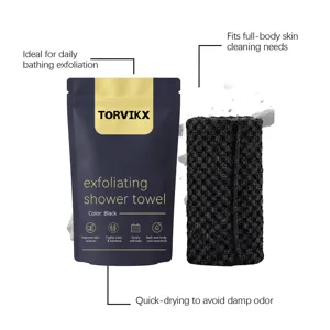 Detailed view of TORVIKX exfoliating black shower towel and premium packaging