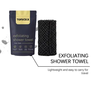 TORVIKX professional exfoliating shower towel in black with portable travel pouch packaging