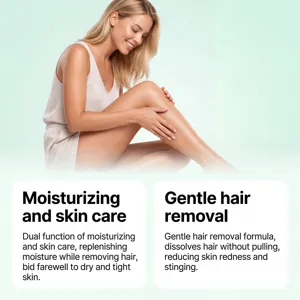 Gros plan sur des jambes lisses et détails sur la crème dépilatoire douce et hydratante.