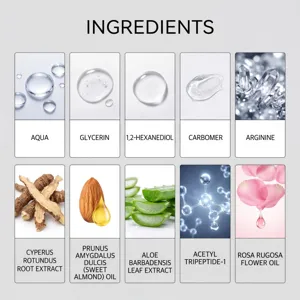 Detalle de ingredientes clave de la esencia nutritiva para el cuidado corporal con roll-on.