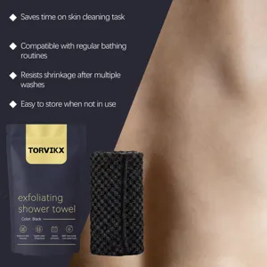 Detailed view of TORVIKX exfoliating shower towel texture and product packaging