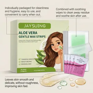 Gentle Aloe Vera hair removal wax strips set with 4 calming wipes for smooth delicate skin