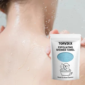 Macro view of TORVIKX exfoliating shower towel pouch with blue mesh texture detail