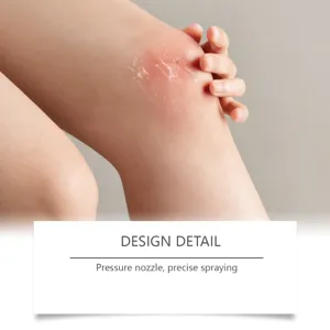 Detailed view of adhesive remover spray applied to knee skin with pressure nozzle