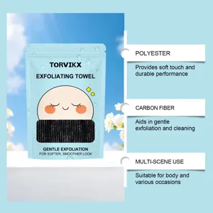 Detailed features of TORVIKX exfoliating towel made with polyester and carbon fiber.