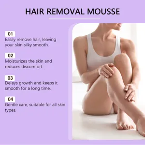 Gentle hair removal mousse features showing smooth skin results on a female model