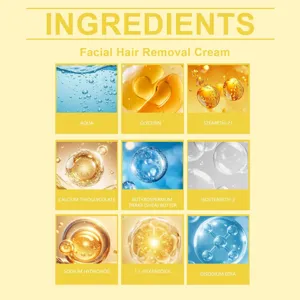 Detailed ingredients of facial hair removal cream displayed in a clean scientific grid