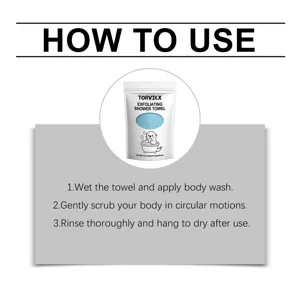 Three-step detailed usage instructions for the TORVIKX exfoliating shower towel product