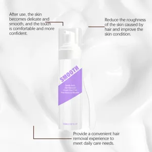 Detail view of 100ml gentle hair removal mousse bottle with English benefit descriptions.