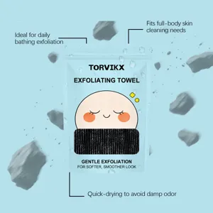 Close-up of TORVIKX exfoliating towel packaging with key product features highlighted