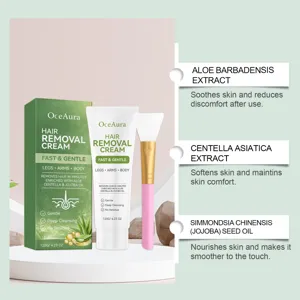 Detailed view of OceAura hair removal cream with aloe and jojoba oil ingredient info