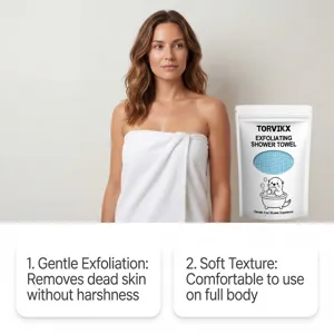TORVIKX exfoliating shower towel features for gentle skin cleansing and soft texture